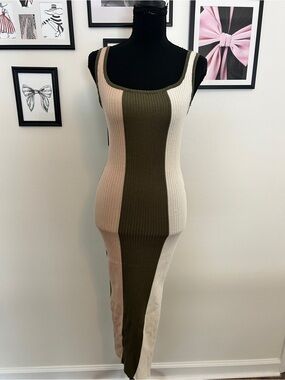 NYC Olive & Cream Ribbed Tank Maxi Dress